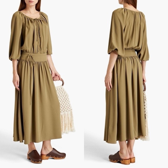 ZIMMERMANN  Bow-detailed Twill Midi Dress in Army Green Sz M - Picture 1 of 8